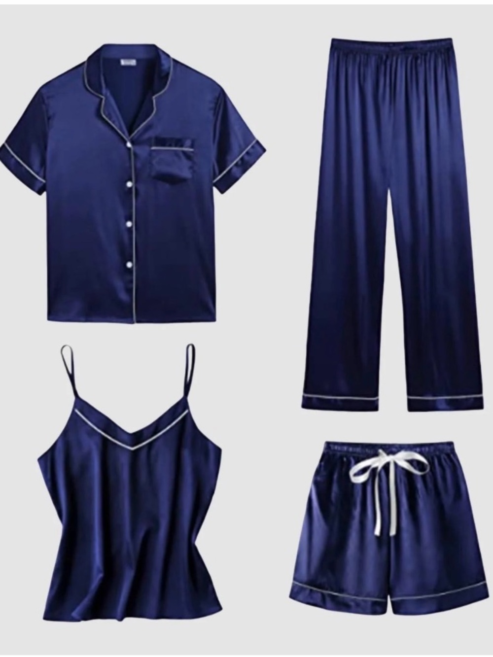 Navy Satin 4 Piece Pajama Set